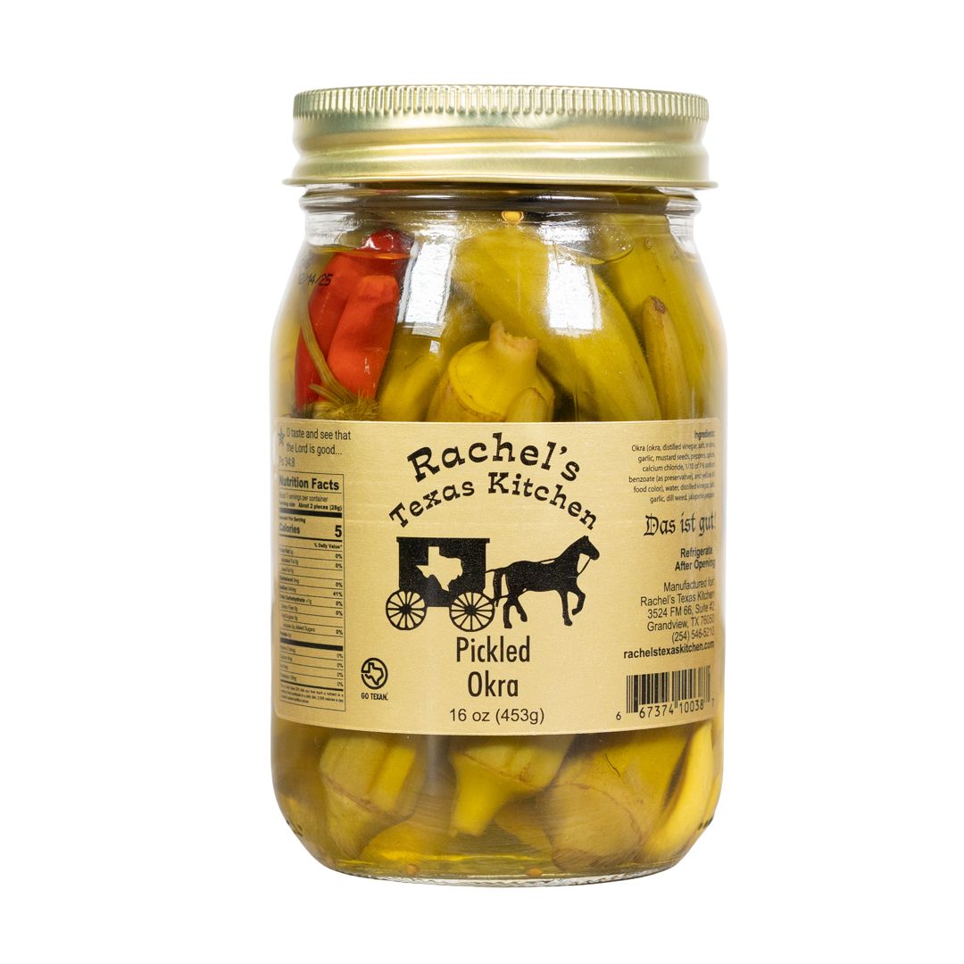 Jar of Rachel's Texas Kitchen Pickled Okra on a white background