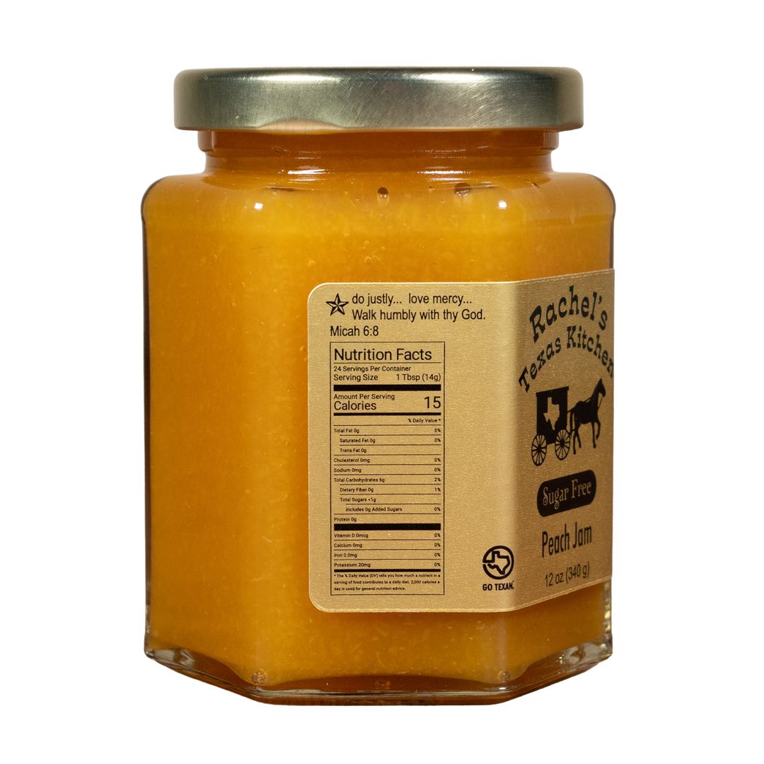 Sugar Free Peach Jam jar side view – Rachel's Texas Kitchen