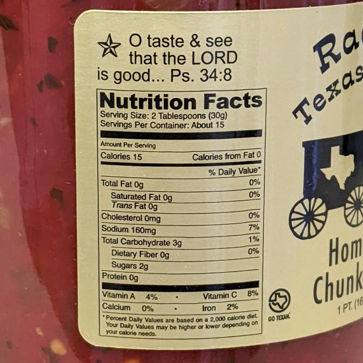 Homestyle Chunky Salsa Hot jar front view – Rachel's Texas Kitchen